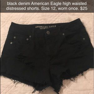 High waisted, black, distressed denim shorts